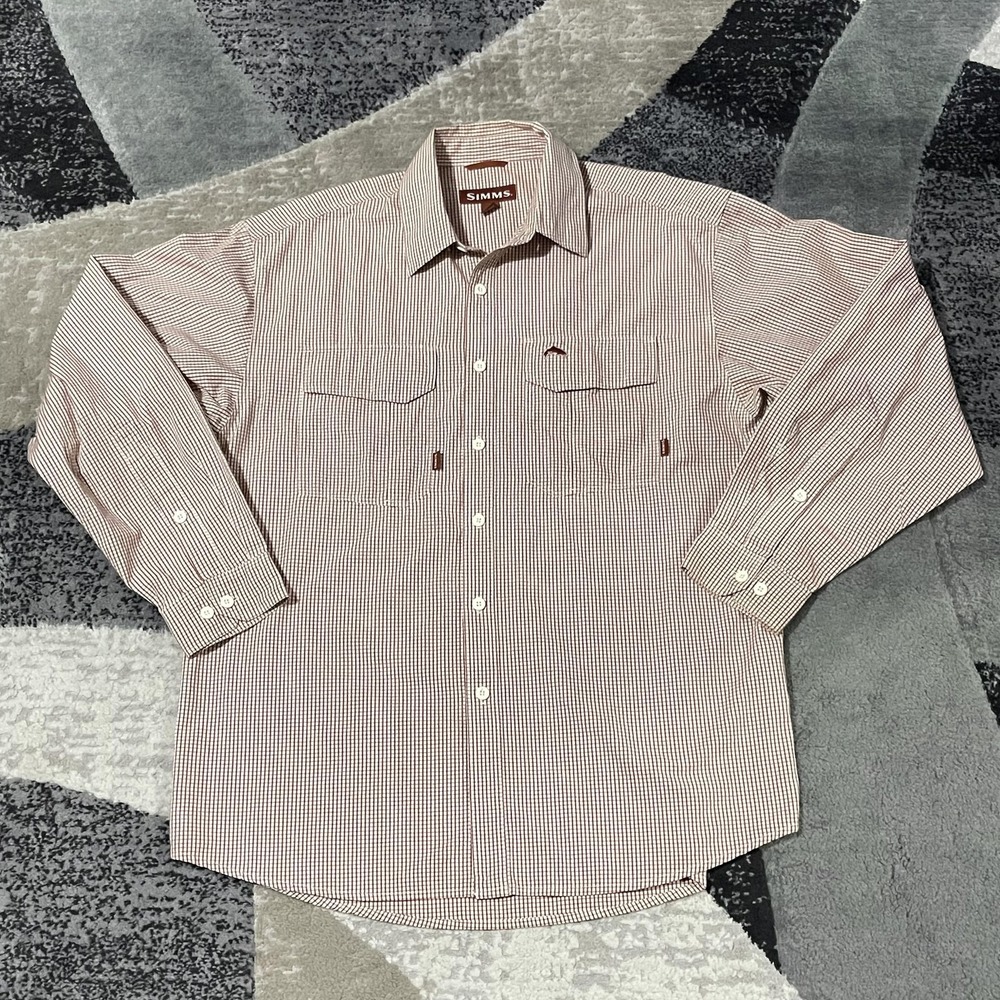 Simms Shirt Mens Large Brown White Check Button Up Long Sleeve Fishing Outdoor‎